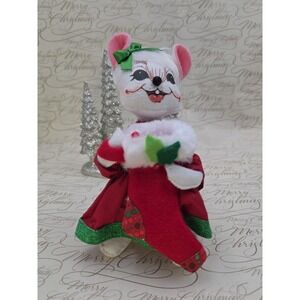 Annalee Christmas Girl Mouse With‎ Stocking Red Green Dress Bow Poseable 7"